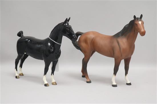 Two Beswick horses: Hackney 1361, black gloss and Swish Tail 1182, brown matt